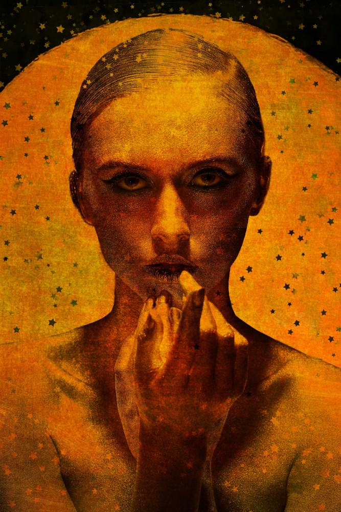 A woman with her hands on her face, illuminated by a glowing yellow sun behind her.